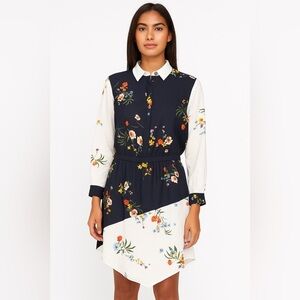 “Vince Camuto Floral Shirt Dress Navy White Long Sleeve Collared Size L”